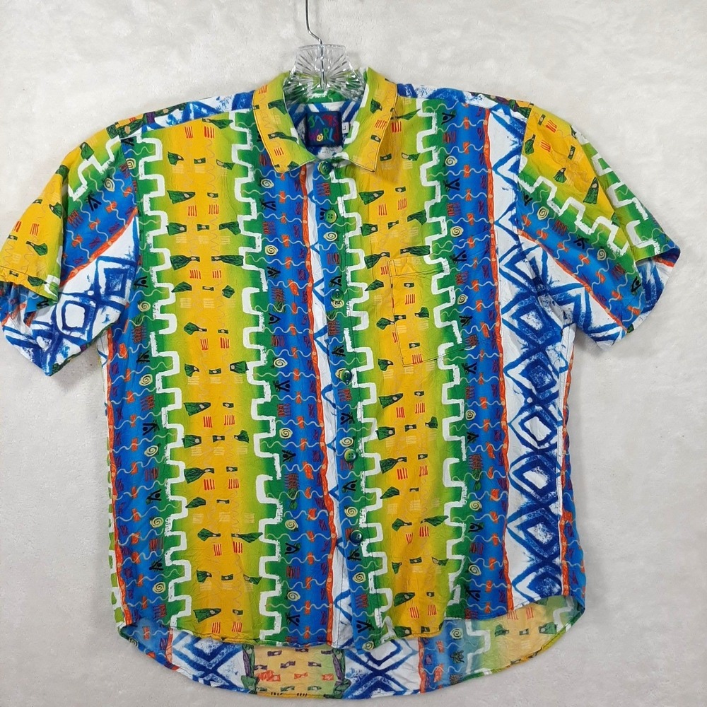 Jams World Vintage Mens Large Abstract Geometric Tribal Print Short Sleeve Shirt